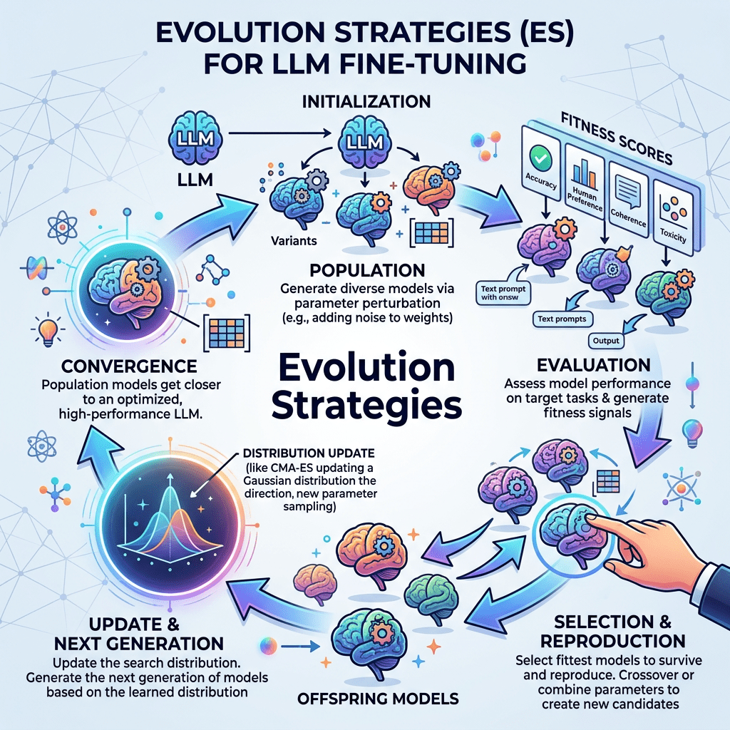 Flowchart showing steps of evolution strategies for fine-tuning large language models including initialization, population generation, evaluation, selection, reproduction, update, and convergence.