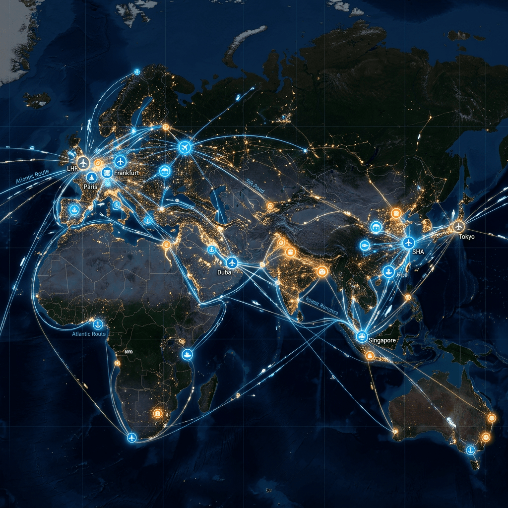 World map showing international air, sea, and rail transportation networks with key hubs and routes
